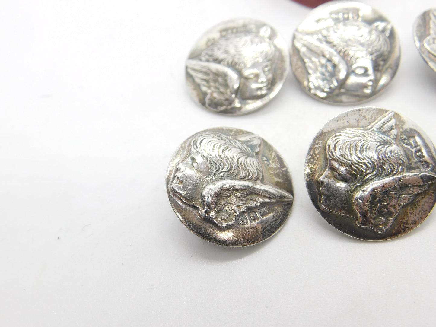 Victorian Set of Sterling Silver Cherub Pattern Buttons 1900 London Comyns