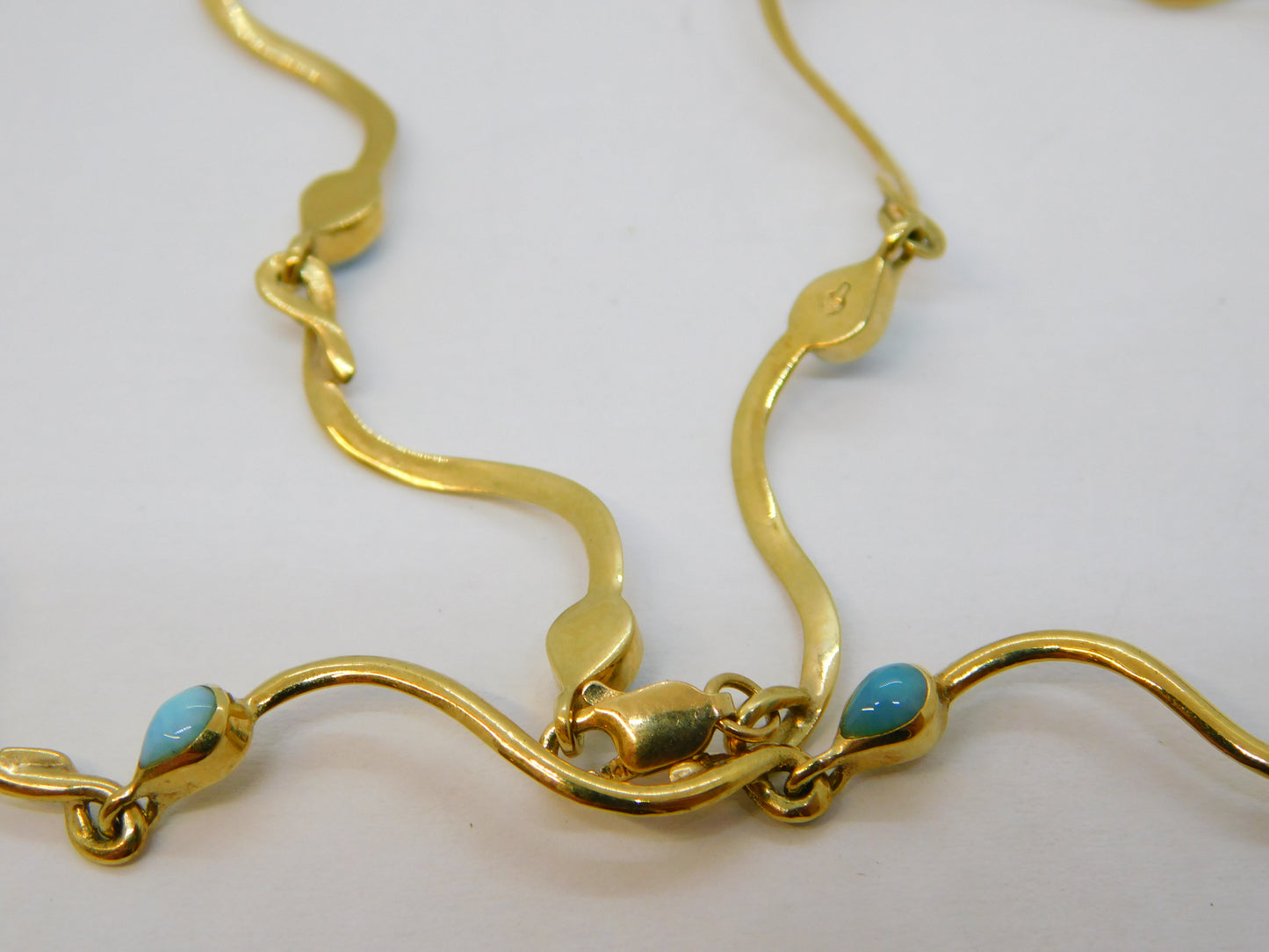 Italian 14ct Yellow Gold & Turquoise Wave Pattern Necklace Vintage c1970