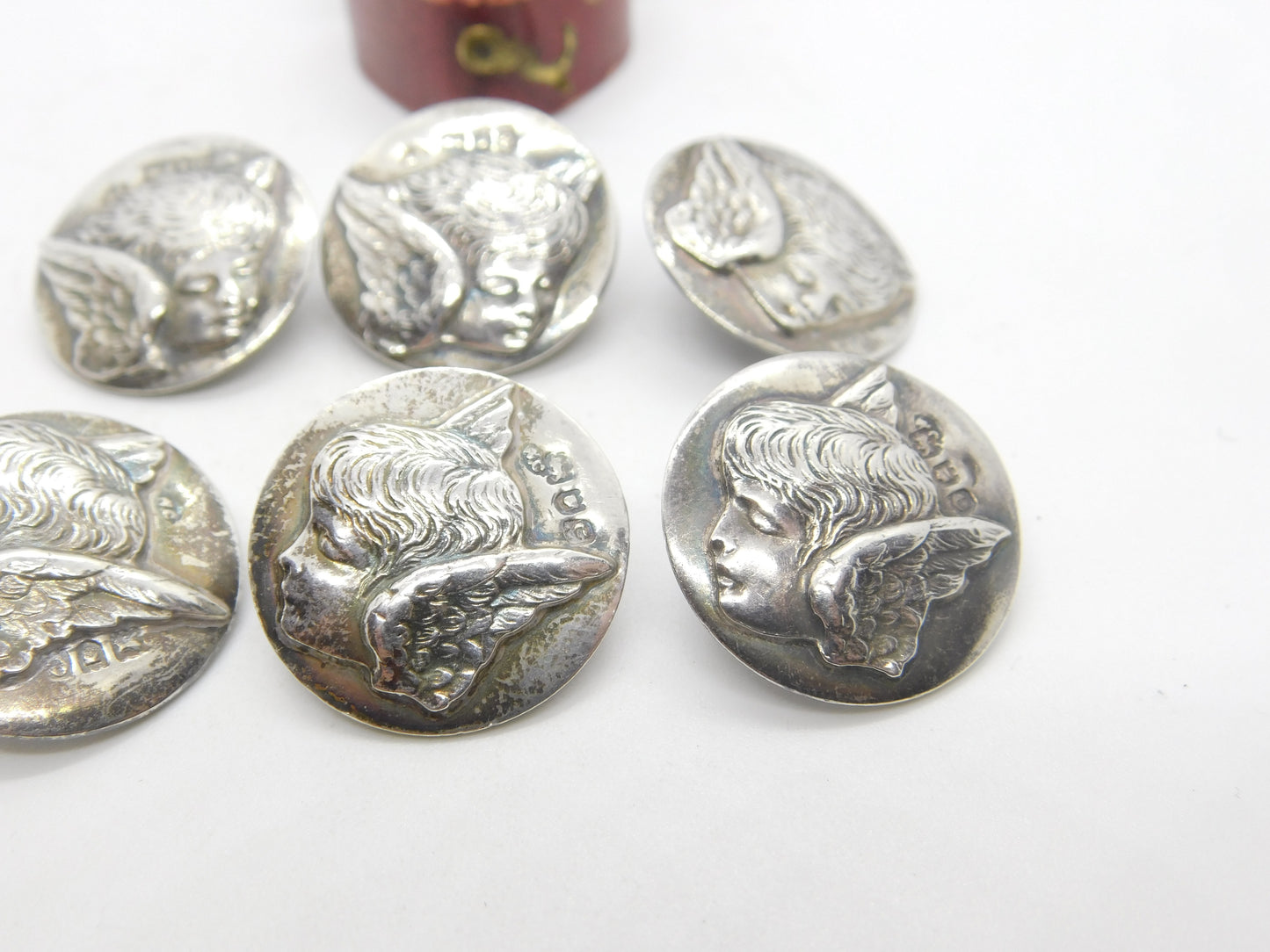 Victorian Set of Sterling Silver Cherub Pattern Buttons 1900 London Comyns