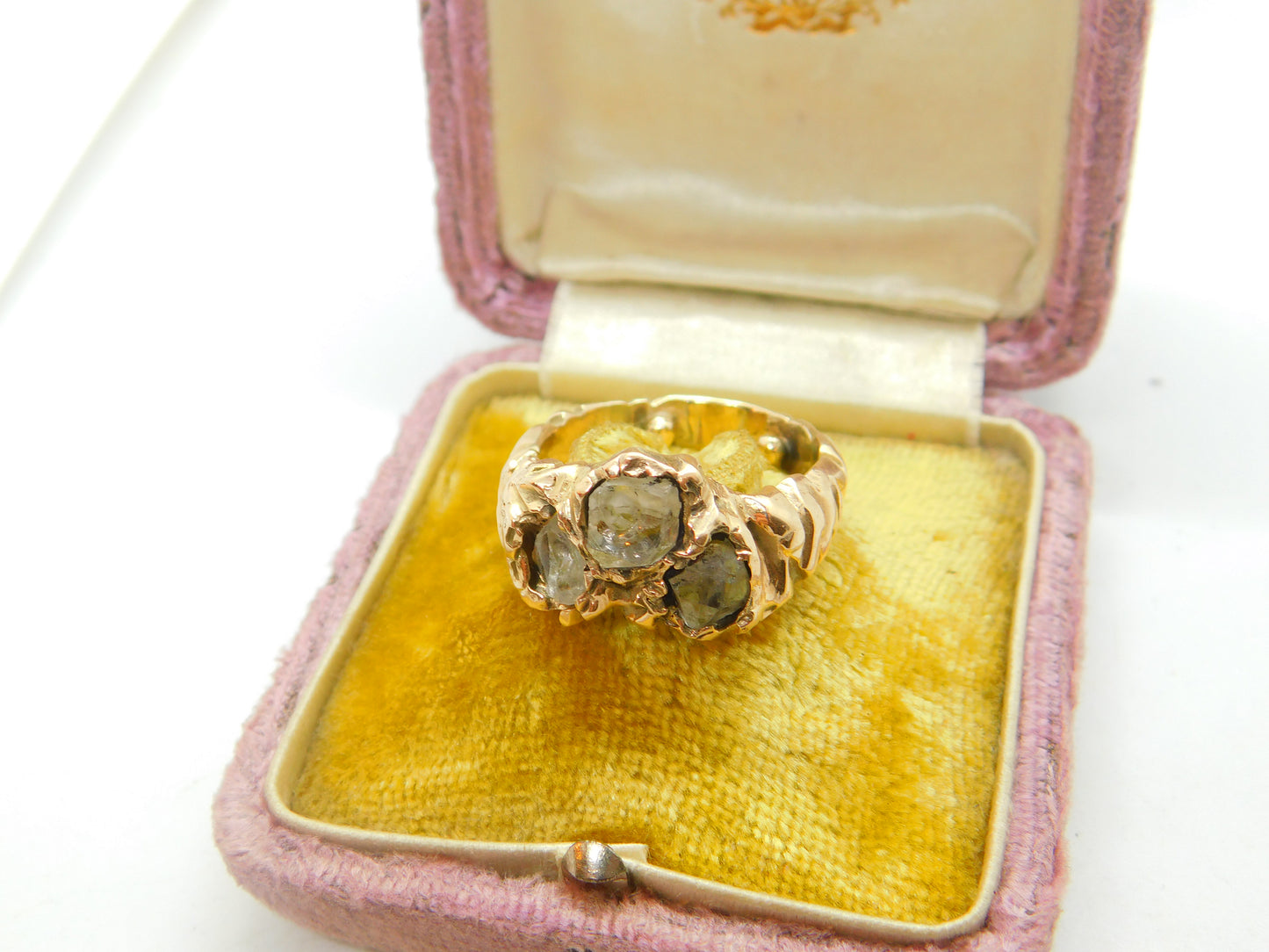 Handmade 9ct Yellow Gold & Old Mine Cut Crystal Statement Ring Vintage c1970