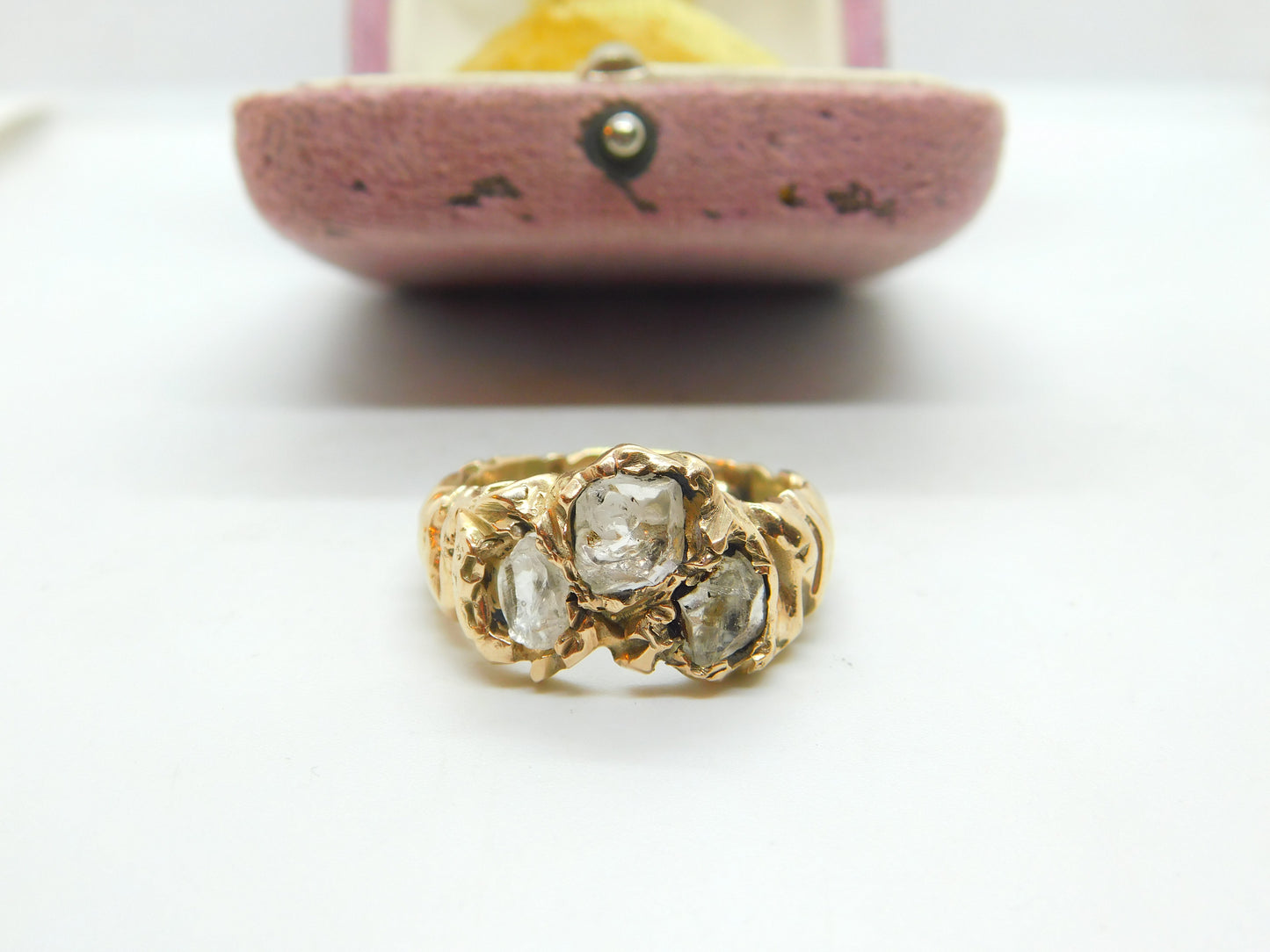 Handmade 9ct Yellow Gold & Old Mine Cut Crystal Statement Ring Vintage c1970