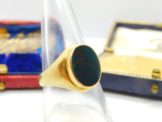 18ct Yellow Gold & Bloodstone Set Signet Ring Antique c1920 French Hallmarks