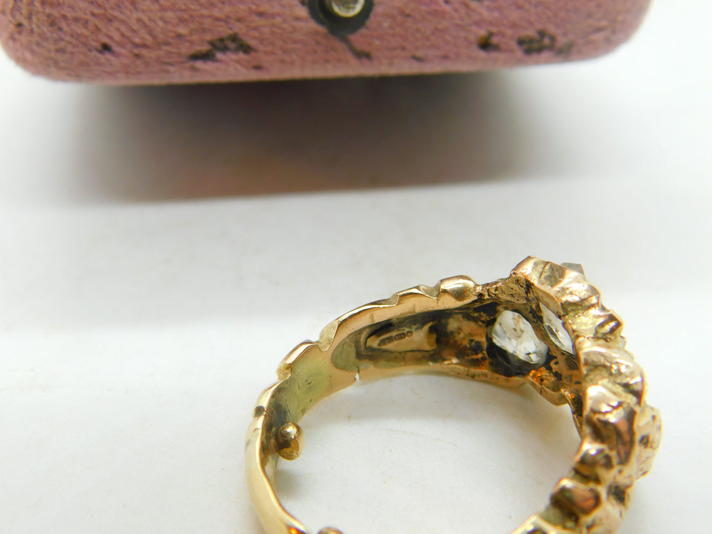 Handmade 9ct Yellow Gold & Old Mine Cut Crystal Statement Ring Vintage c1970