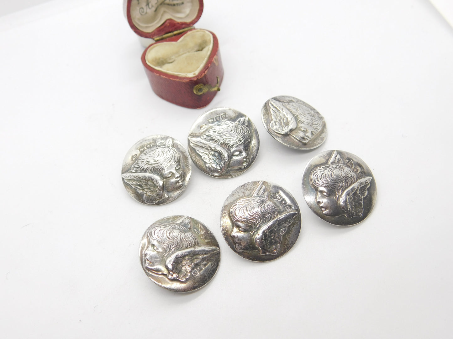 Victorian Set of Sterling Silver Cherub Pattern Buttons 1900 London Comyns