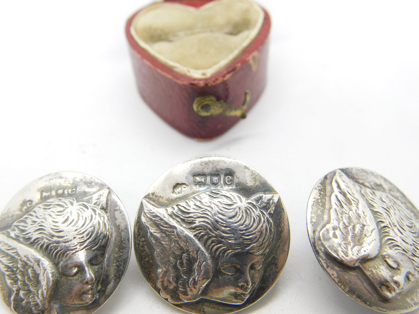 Victorian Set of Sterling Silver Cherub Pattern Buttons 1900 London Comyns