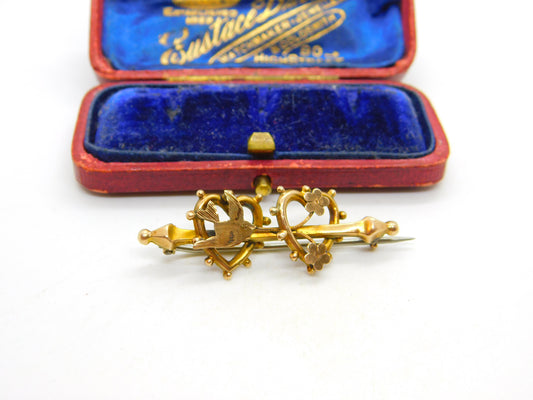 Victorian 9ct Yellow Gold Swallow Sweetheart Brooch Pin c1890 Antique