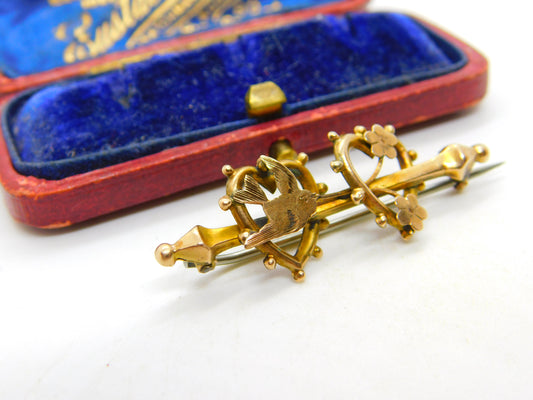 Victorian 9ct Yellow Gold Swallow Sweetheart Brooch Pin c1890 Antique