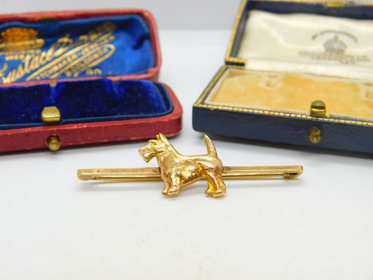 9ct Yellow Gold Westie Terrier Dog Bar Brooch Antique c1930 Art Deco