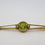 Edwardian 9ct Yellow Gold, Peridot & Seed Pearl Suffragette Brooch Antique c1910
