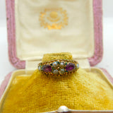 Victorian 9ct Gold, Seed Pearl & Almandine Garnet Band Ring Antique 1891 Birmingham