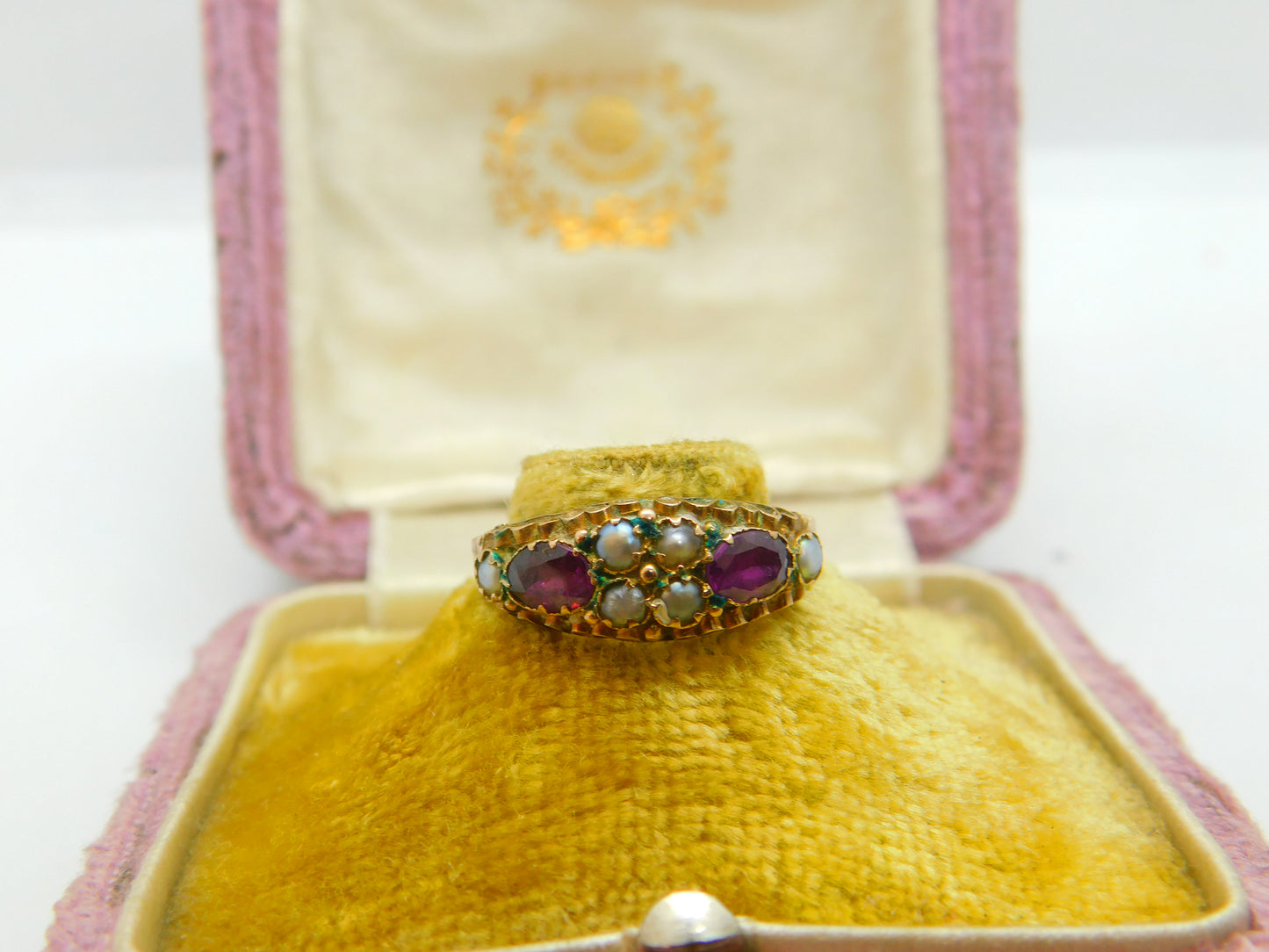 Victorian 9ct Gold, Seed Pearl & Almandine Garnet Band Ring Antique 1891 Birmingham