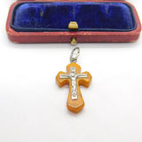 Sterling Silver & Butterscotch Amber Cross Crucifix Pendant Antique c1920 Deco