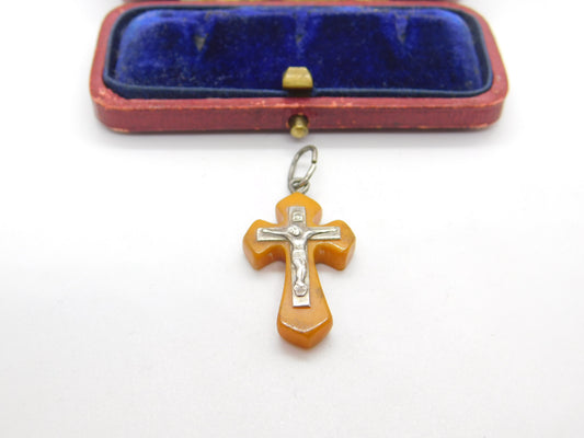 Sterling Silver & Butterscotch Amber Cross Crucifix Pendant Antique c1920 Deco