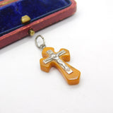 Sterling Silver & Butterscotch Amber Cross Crucifix Pendant Antique c1920 Deco