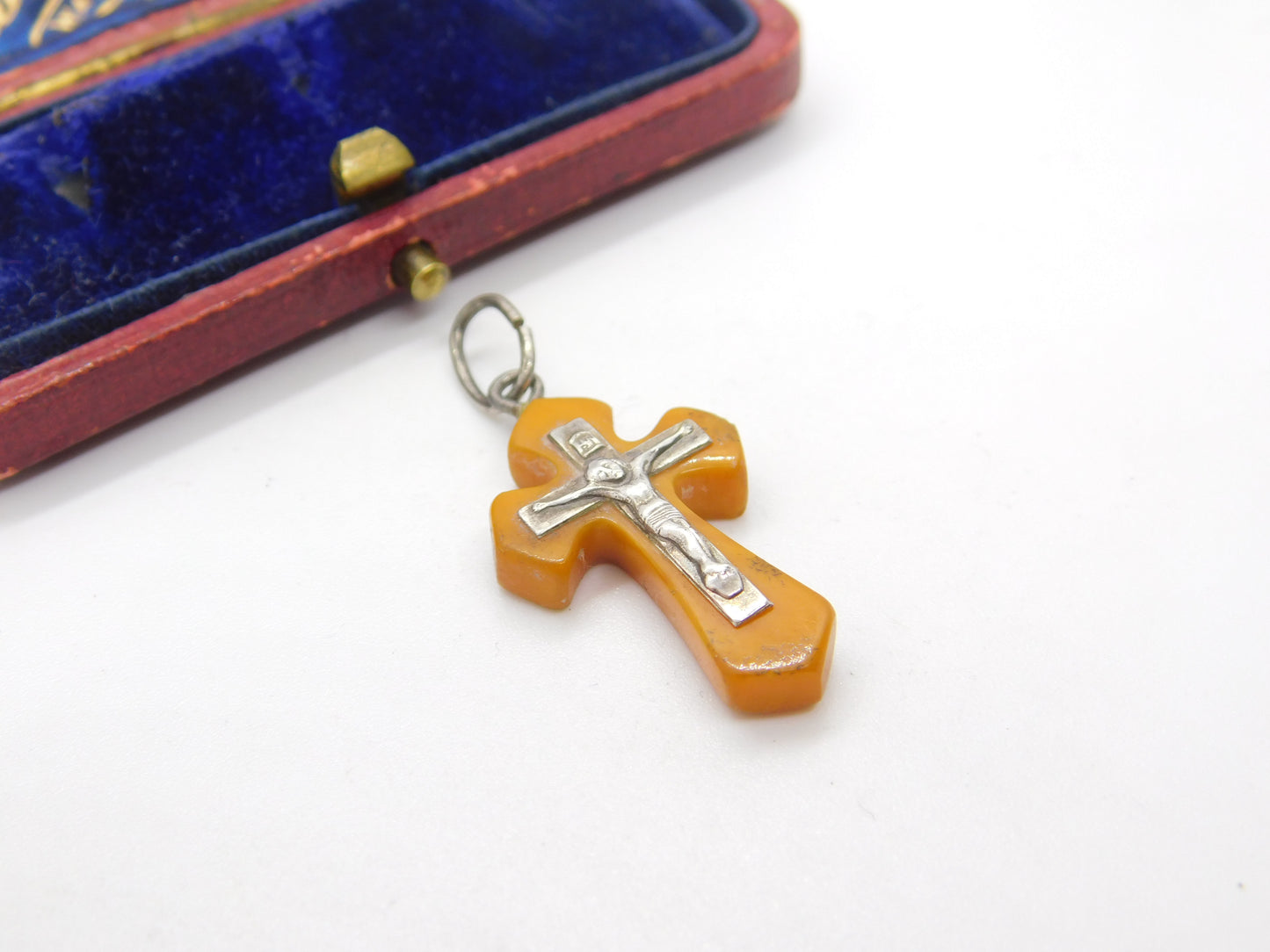 Sterling Silver & Butterscotch Amber Cross Crucifix Pendant Antique c1920 Deco