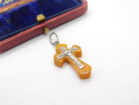 Sterling Silver & Butterscotch Amber Cross Crucifix Pendant Antique c1920 Deco