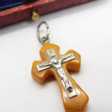 Sterling Silver & Butterscotch Amber Cross Crucifix Pendant Antique c1920 Deco