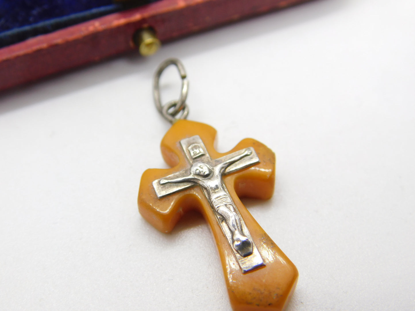 Sterling Silver & Butterscotch Amber Cross Crucifix Pendant Antique c1920 Deco