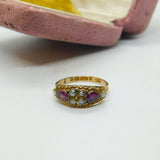 Victorian 9ct Gold, Seed Pearl & Almandine Garnet Band Ring Antique 1891 Birmingham