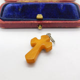 Sterling Silver & Butterscotch Amber Cross Crucifix Pendant Antique c1920 Deco