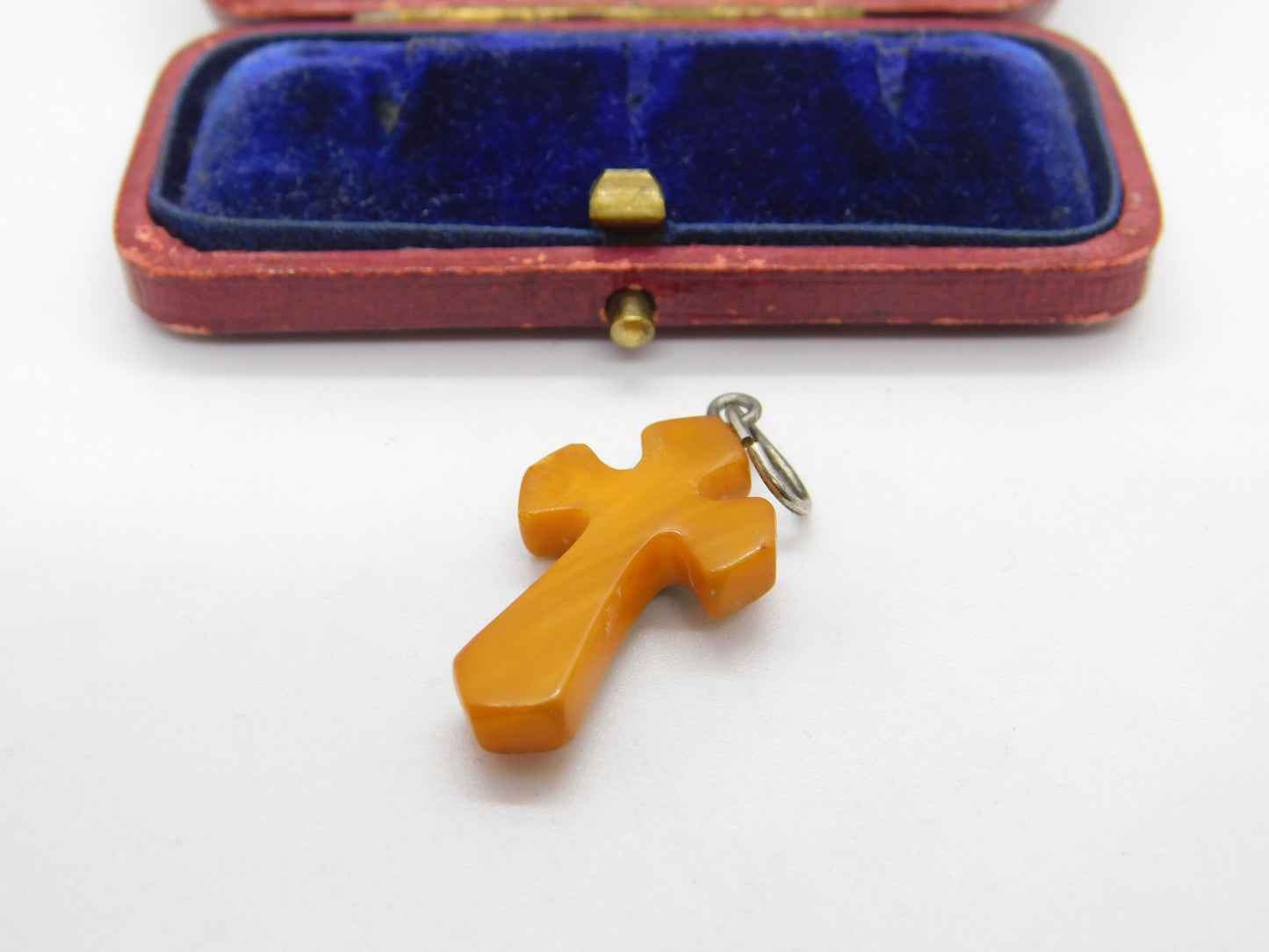 Sterling Silver & Butterscotch Amber Cross Crucifix Pendant Antique c1920 Deco