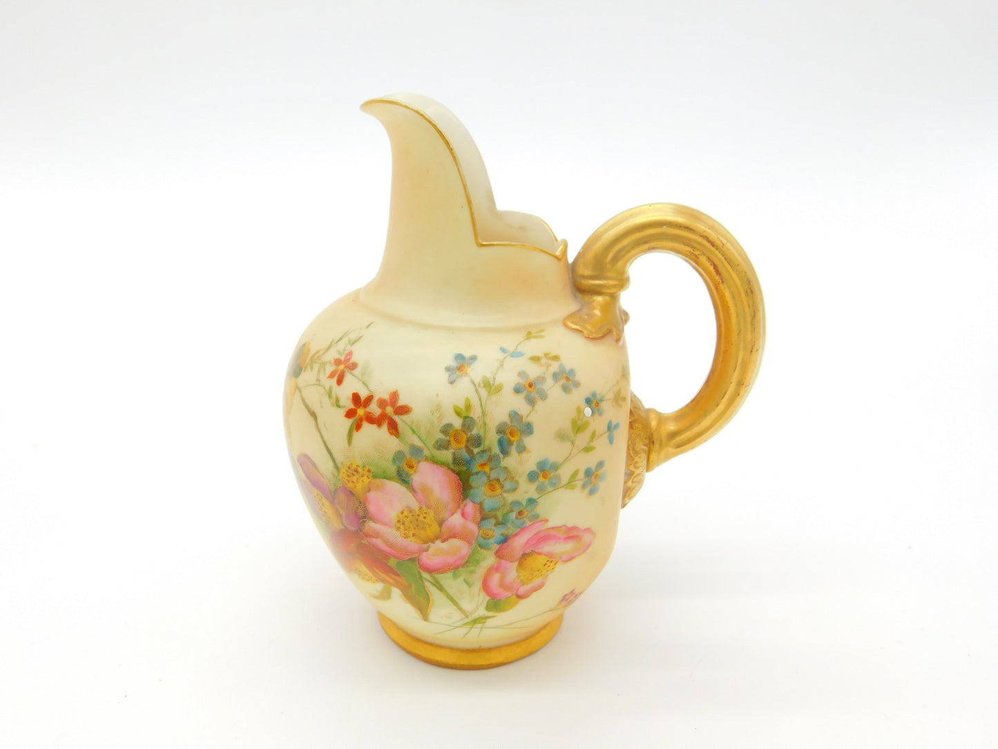 Victorian Royal Worcester Porcelain Brush Floral & Gilt Handle Milk Jug 1901