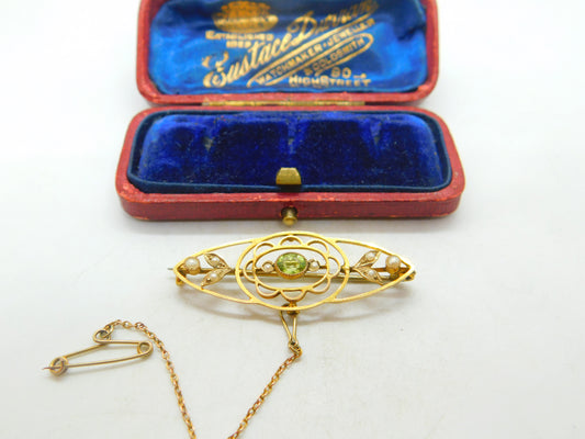 9ct Yellow Gold, Peridot & Seed Pearl Sweetheart Brooch Antique c1910 Edwardian