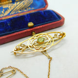 9ct Yellow Gold, Peridot & Seed Pearl Sweetheart Brooch Antique c1910 Edwardian