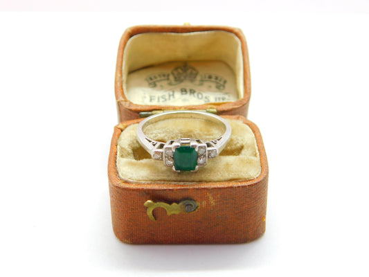 Platinum, Baguette Cut Emerald & Diamond Set Dress Ring c1920 Antique Deco