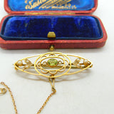 9ct Yellow Gold, Peridot & Seed Pearl Sweetheart Brooch Antique c1910 Edwardian