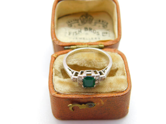 Platinum, Baguette Cut Emerald & Diamond Set Dress Ring c1920 Antique Deco