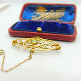 9ct Yellow Gold, Peridot & Seed Pearl Sweetheart Brooch Antique c1910 Edwardian