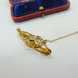 9ct Yellow Gold, Peridot & Seed Pearl Sweetheart Brooch Antique c1910 Edwardian