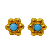Pair of 18ct Yellow Gold & Turquoise Floral Stud Earrings Vintage c1970