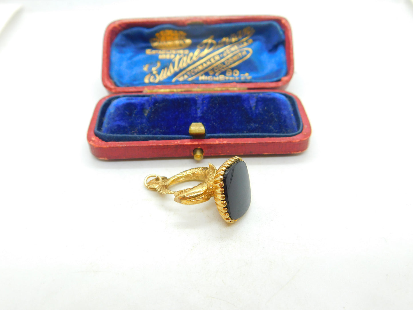 9ct Yellow Gold & Onyx Set Fish Or Dolphin Fob Seal Pendant Vintage 1975 London