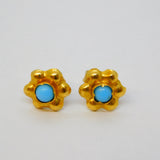 Pair of 18ct Yellow Gold & Turquoise Floral Stud Earrings Vintage c1970