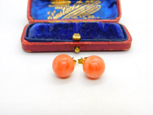 18ct Yellow Gold Large Red Coral Beaded Stud Earrings Vintage c1970