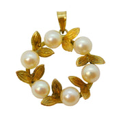 14ct Yellow Gold & Pearl Set Wreath Form Drop Pendant Vintage c1960