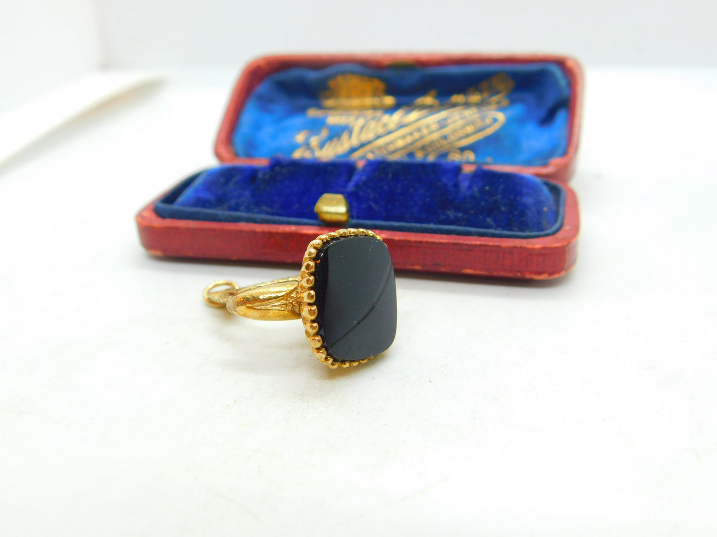 9ct Yellow Gold & Onyx Set Fish Or Dolphin Fob Seal Pendant Vintage 1975 London