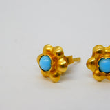 Pair of 18ct Yellow Gold & Turquoise Floral Stud Earrings Vintage c1970