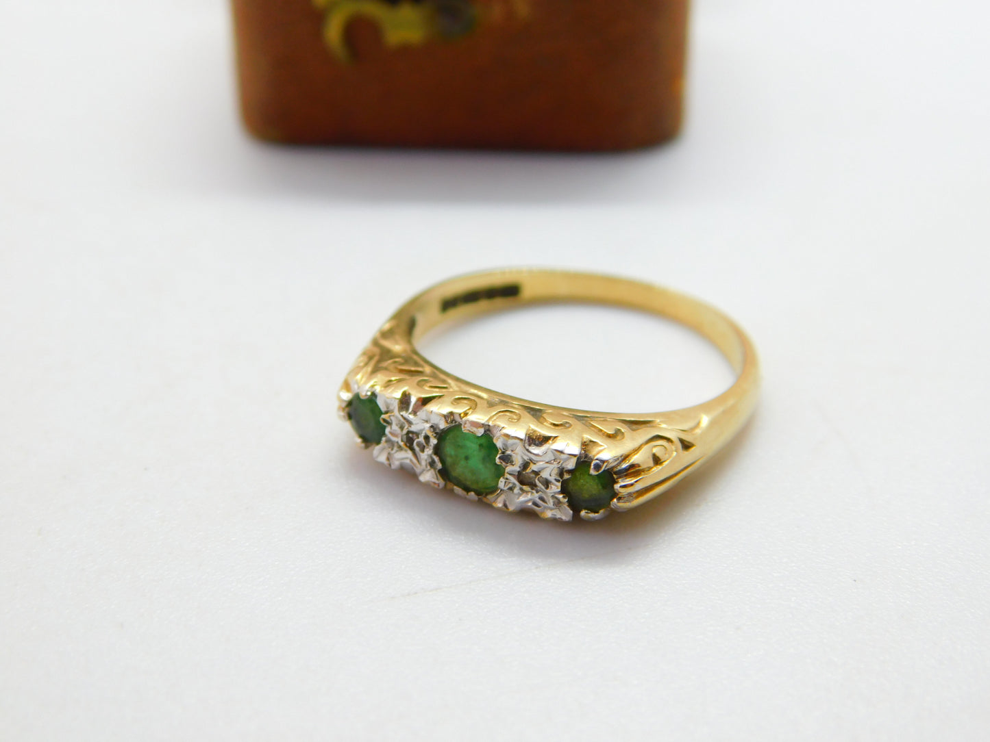 18ct Yellow Gold, Emerald & Diamond Set Boat Ring Vintage c1970 London