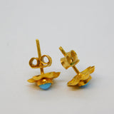 Pair of 18ct Yellow Gold & Turquoise Floral Stud Earrings Vintage c1970
