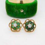 9ct Yellow Gold Emerald & Central Opal Floral Cluster Stud Earrings Vintage