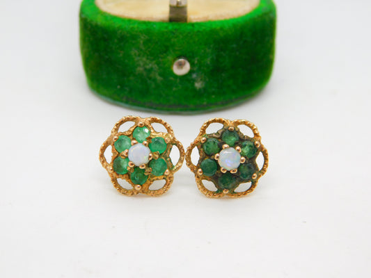 9ct Yellow Gold Emerald & Central Opal Floral Cluster Stud Earrings Vintage