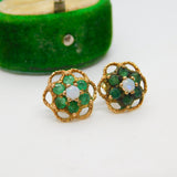9ct Yellow Gold Emerald & Central Opal Floral Cluster Stud Earrings Vintage