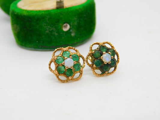 9ct Yellow Gold Emerald & Central Opal Floral Cluster Stud Earrings Vintage