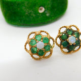 9ct Yellow Gold Emerald & Central Opal Floral Cluster Stud Earrings Vintage