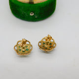 9ct Yellow Gold Emerald & Central Opal Floral Cluster Stud Earrings Vintage