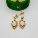 9ct Yellow Gold Victorian Style Cabochon Opal Floral Drop Earrings Vintage c1980
