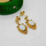 9ct Yellow Gold Victorian Style Cabochon Opal Floral Drop Earrings Vintage c1980